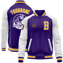 Load image into Gallery viewer, Custom Purple Gold-White Bomber Varsity Letterman Two Tone Zipper Jacket
