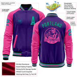 Custom Purple Aqua Black-Pink Bomber Varsity Letterman Two Tone Zipper Jacket