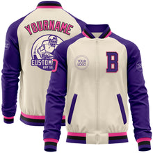 Load image into Gallery viewer, Custom Cream Pink Black-Purple Bomber Varsity Letterman Two Tone Zipper Jacket
