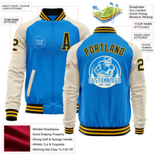Load image into Gallery viewer, Custom Powder Blue Black Gold-Cream Bomber Varsity Letterman Two Tone Zipper Jacket
