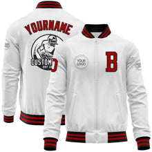 Load image into Gallery viewer, Custom White Red-Black Bomber Varsity Letterman Zipper Jacket
