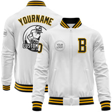 Load image into Gallery viewer, Custom White Black-Gold Bomber Varsity Letterman Zipper Jacket

