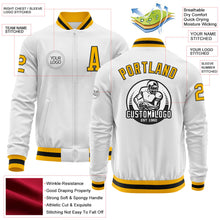 Load image into Gallery viewer, Custom White Gold-Black Bomber Varsity Letterman Zipper Jacket
