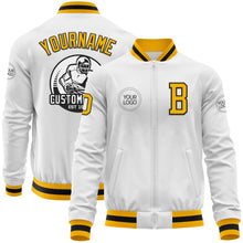 Load image into Gallery viewer, Custom White Gold-Black Bomber Varsity Letterman Zipper Jacket
