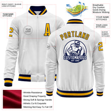Load image into Gallery viewer, Custom White Gold-Navy Bomber Varsity Letterman Zipper Jacket
