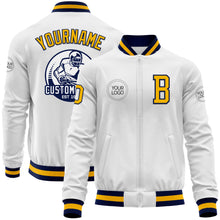 Load image into Gallery viewer, Custom White Gold-Navy Bomber Varsity Letterman Zipper Jacket
