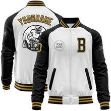 Load image into Gallery viewer, Custom White Old Gold-Black Bomber Varsity Letterman Two Tone Zipper Jacket
