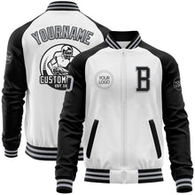 Load image into Gallery viewer, Custom White Gray-Black Bomber Varsity Letterman Two Tone Zipper Jacket

