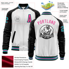 Load image into Gallery viewer, Custom White Aqua Black-Pink Bomber Varsity Letterman Two Tone Zipper Jacket
