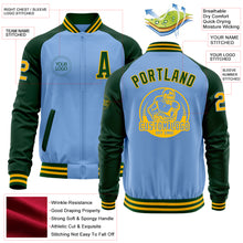 Load image into Gallery viewer, Custom Light Blue Gold-Green Bomber Varsity Letterman Two Tone Zipper Jacket
