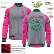 Load image into Gallery viewer, Custom Gray Kelly Green-Pink Bomber Varsity Letterman Two Tone Zipper Jacket
