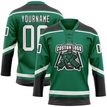 Load image into Gallery viewer, Custom Kelly Green White-Black Hockey Lace Neck Jersey
