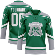 Load image into Gallery viewer, Custom Kelly Green White-Gray Hockey Lace Neck Jersey

