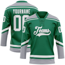 Load image into Gallery viewer, Custom Kelly Green White-Gray Hockey Lace Neck Jersey

