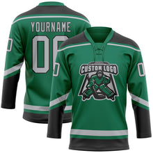 Load image into Gallery viewer, Custom Kelly Green Gray-Black Hockey Lace Neck Jersey
