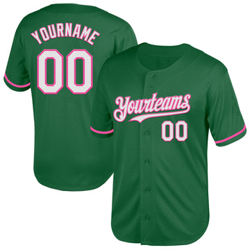 Custom Kelly Green White-Pink Mesh Authentic Throwback Baseball Jersey