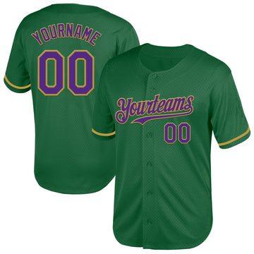 Custom Kelly Green Purple-Old Gold Mesh Authentic Throwback Baseball Jersey