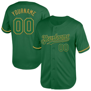 Custom Kelly Green Old Gold Mesh Authentic Throwback Baseball Jersey