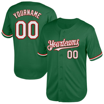 Custom Kelly Green White-Red Mesh Authentic Throwback Baseball Jersey