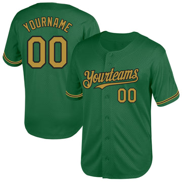 Custom Kelly Green Old Gold-Black Mesh Authentic Throwback Baseball Jersey