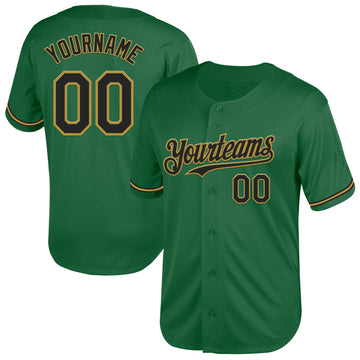 Custom Kelly Green Black-Old Gold Mesh Authentic Throwback Baseball Jersey