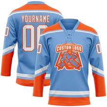 Load image into Gallery viewer, Custom Light Blue White-Orange Hockey Lace Neck Jersey
