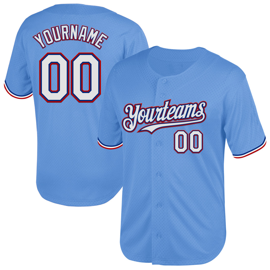 Custom Light Blue Royal-Red Mesh Authentic Throwback Baseball Jersey