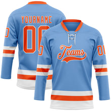 Load image into Gallery viewer, Custom Light Blue Orange-White Hockey Lace Neck Jersey
