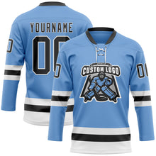 Load image into Gallery viewer, Custom Light Blue Black-White Hockey Lace Neck Jersey
