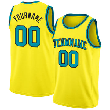 Custom Light Yellow Teal-Black Authentic Basketball Jerse