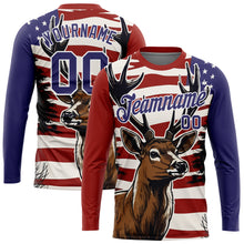 Load image into Gallery viewer, Custom Red Purple-White 3D Animal Deer Hunting American Flag Long Sleeve Performance T-Shirt
