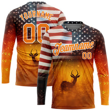 Load image into Gallery viewer, Custom Bay Orange White 3D Animal Deer Hunting American Flag Long Sleeve Performance T-Shirt
