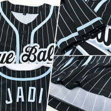 Load image into Gallery viewer, Custom Black Light Blue Pinstripe Black-White Authentic Baseball Jersey
