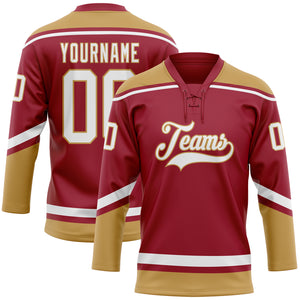 Custom Maroon White-Old Gold Hockey Lace Neck Jersey