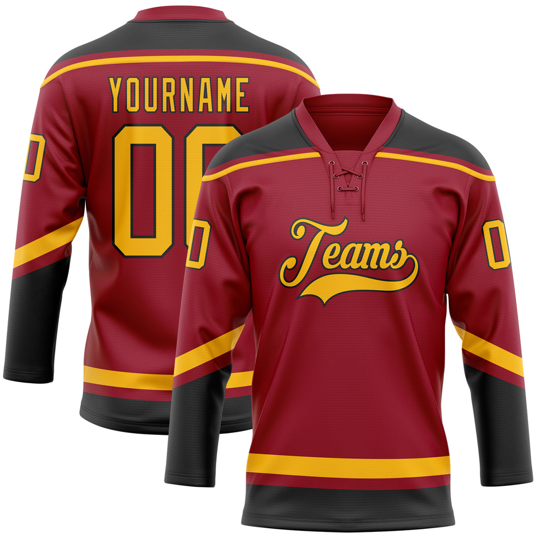 Custom Maroon Gold-Black Hockey Lace Neck Jersey