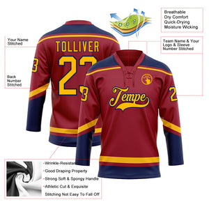 Custom Maroon Gold-Navy Hockey Lace Neck Jersey