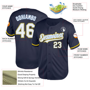 Custom Navy Light Blue-Yellow Mesh Authentic Throwback Baseball Jersey