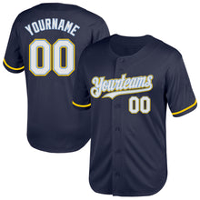 Load image into Gallery viewer, Custom Navy Light Blue-Yellow Mesh Authentic Throwback Baseball Jersey
