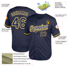 Load image into Gallery viewer, Custom Navy White-Gold Mesh Authentic Throwback Baseball Jersey
