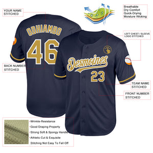 Custom Navy Old Gold-White Mesh Authentic Throwback Baseball Jersey