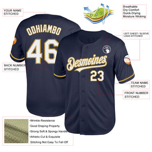 Custom Navy White-Old Gold Mesh Authentic Throwback Baseball Jersey