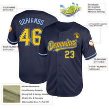 Load image into Gallery viewer, Custom Navy Yellow-Light Blue Mesh Authentic Throwback Baseball Jersey
