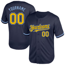 Load image into Gallery viewer, Custom Navy Yellow-Light Blue Mesh Authentic Throwback Baseball Jersey
