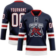 Load image into Gallery viewer, Custom Navy White-Red Hockey Lace Neck Jersey
