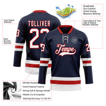 Load image into Gallery viewer, Custom Navy White-Red Hockey Lace Neck Jersey
