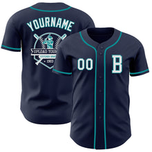 Load image into Gallery viewer, Custom Navy White-Teal Authentic Baseball Jersey
