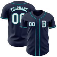 Load image into Gallery viewer, Custom Navy White-Teal Authentic Baseball Jersey
