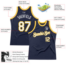 Load image into Gallery viewer, Custom Navy White-Gold Authentic Throwback Basketball Jersey
