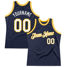 Load image into Gallery viewer, Custom Navy White-Gold Authentic Throwback Basketball Jersey
