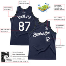 Load image into Gallery viewer, Custom Navy White Black-Light Blue Authentic Throwback Basketball Jersey
